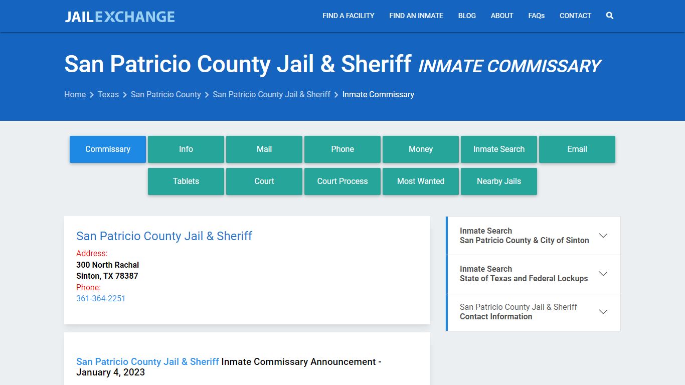 San Patricio County Jail & Sheriff Inmate Commissary